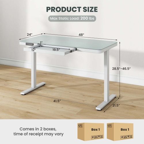 Costway 48" x 24" Whole-Piece Glass Standing Desk w/Drawers Writable Tempered Glass Top