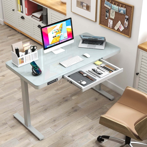 Costway 48" x 24" Whole-Piece Glass Standing Desk w/Drawers Writable Tempered Glass Top