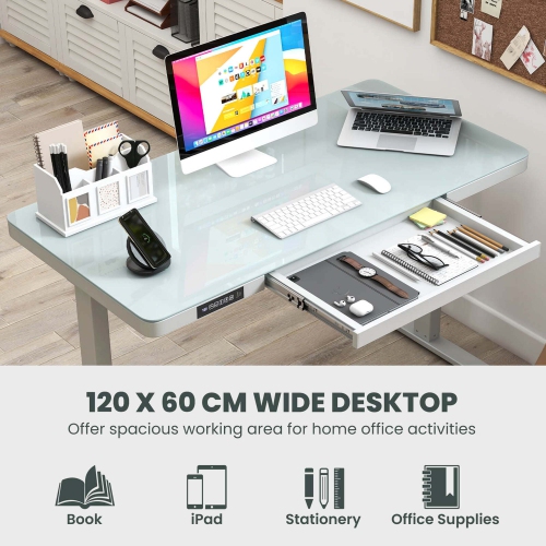 Costway 48" x 24" Whole-Piece Glass Standing Desk w/Drawers Writable Tempered Glass Top