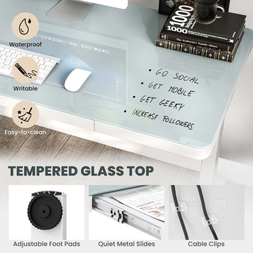 Costway 48" x 24" Whole-Piece Glass Standing Desk w/Drawers Writable Tempered Glass Top