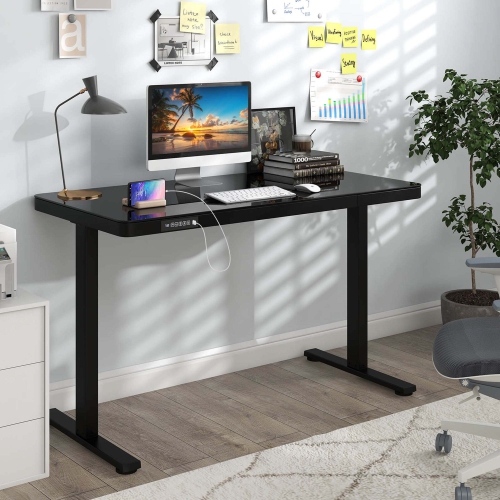 Costway 48" x 24" Whole-Piece Glass Standing Desk w/Drawers Writable Tempered Glass Top