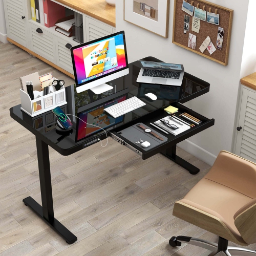 Costway 48" x 24" Whole-Piece Glass Standing Desk w/Drawers Writable Tempered Glass Top
