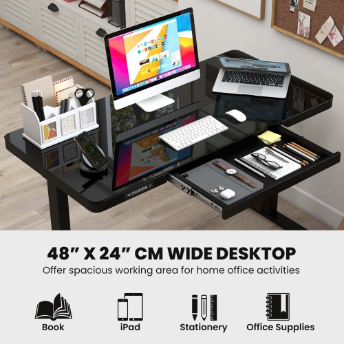 Costway 48" x 24" Whole-Piece Glass Standing Desk w/Drawers Writable Tempered Glass Top