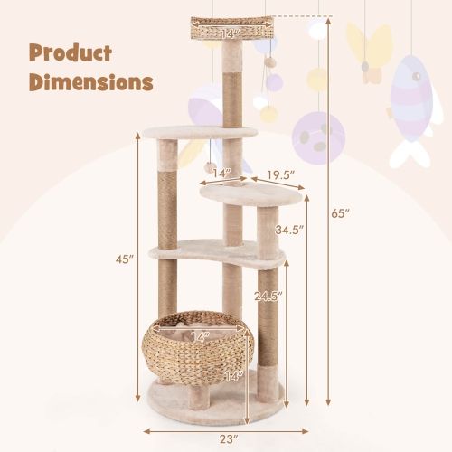 Costway 65" Cattail Cat Tower with Jute Scratching Posts Perch Basket Bed Dangling Balls