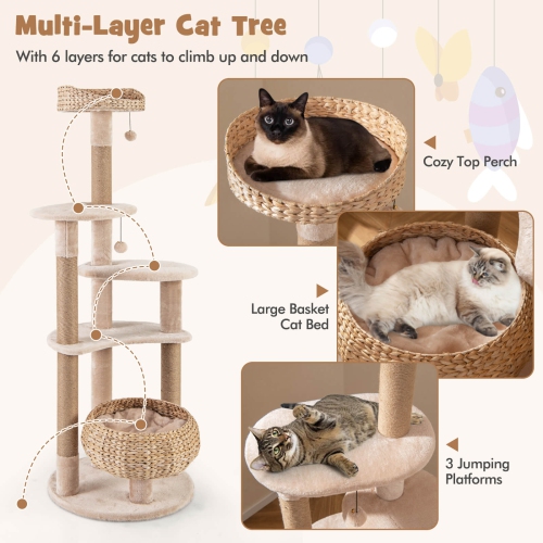 Costway 65" Cattail Cat Tower with Jute Scratching Posts Perch Basket Bed Dangling Balls