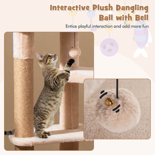 Costway 65" Cattail Cat Tower with Jute Scratching Posts Perch Basket Bed Dangling Balls