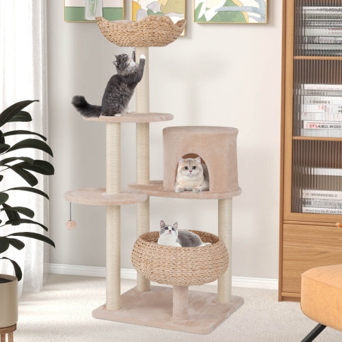 Costway 58" Cattail Cat Tower with Sisal Scratching Posts Perch Basket Ball Condo