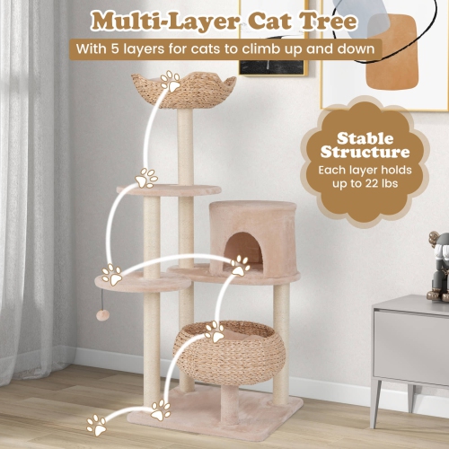 Costway 58" Cattail Cat Tower with Sisal Scratching Posts Perch Basket Ball Condo