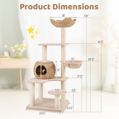 Costway 59" Cattail Cat Tower with Sisal Scratching Posts Perch Condo Soft Hammock Indoor