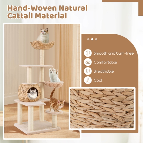Costway 59" Cattail Cat Tower with Sisal Scratching Posts Perch Condo Soft Hammock Indoor
