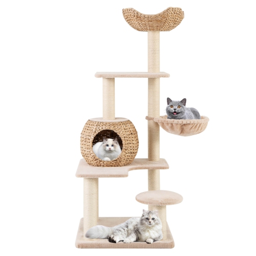 Costway 59" Cattail Cat Tower with Sisal Scratching Posts Perch Condo Soft Hammock Indoor