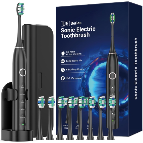 MISSCOZY  Reachargeable Electric Toothbrush With 8 Brush Heads, Travling Case, 5 Modes & Smart Timer, Ultra Sonic Toothbrush for 99% Removing Plaque