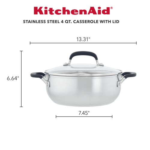 KitchenAid Stainless Steel Casserole with Lid, 4-Quart, Brushed Stainless Steel