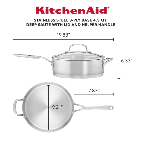 KitchenAid 3-Ply Base Stainless Steel Deep Sauté Pan with Helper Handle and Lid, 4.5-Quart, Brushed Stainless Steel