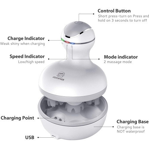 Appareil de massage pour le cuir chevelu, sans fil et rechargeable, appareil de massage pour la tête pour améliorer la croissance des cheveux, blanc