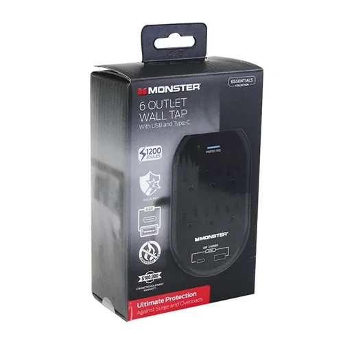 MWS1-1003-US Monster – Adaptateur mural à 6 prises avec USB et USB-C.