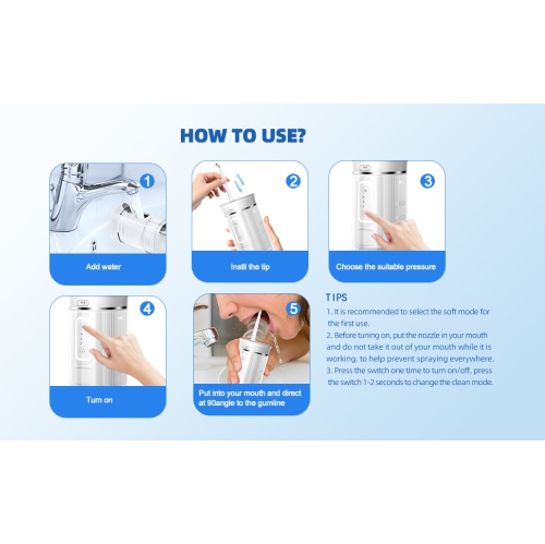 HYFAI QC-T01 Pick dentaire sans fil pour soie dentaire, irrigation orale professionnelle, réflexion miroir complète, 4 embouts, 3 modes IPX7 étanche