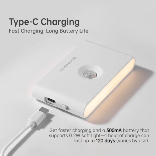 WENHOME Rechargeable Night Light with Dusk to Dawn & Motion Sensor, Warm White LED Light for Bedroom, Kitchen, Stairs, Hallway, 3 Pack