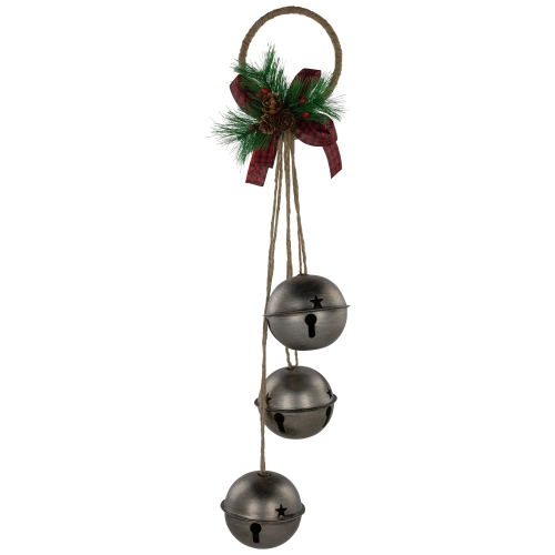 Jingle Bells with Plaid Bow Christmas Decoration - 20" - Silver