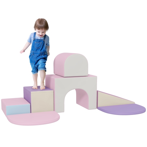 Qaba 7-piece Soft Play, Foam Play Set, Toddler Stairs and Ramp, Colorful Kids' Educational Software, Activity Toys for Baby Preschooler - Pink/ Purple