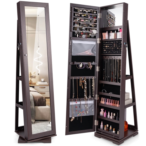 Costway 360degree Rotatable Jewelry Cabinet 2-in-1 Lockable Mirrored Organizer