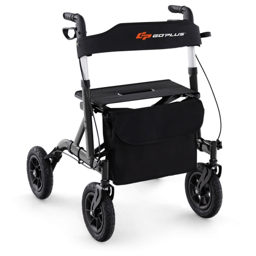 Goplus Foldable Height Adjustable Rollator Walker with Seat, Storage Bag for Seniors