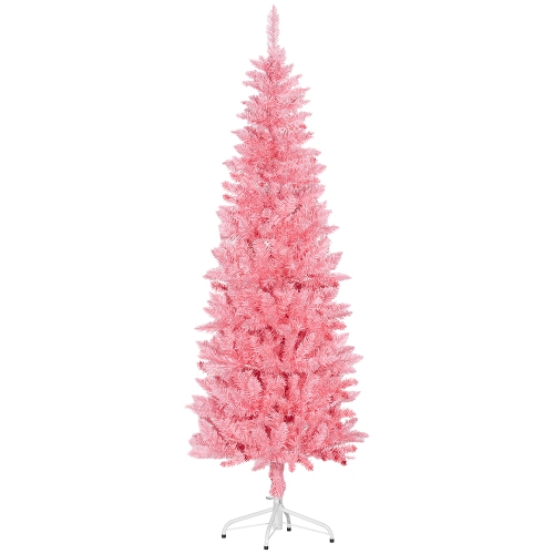 HOMCOM  6Ft Tall Pencil Christmas Tree, Artificial Xmas Tree With 479 Branch Tips And Steel Base, Holiday Décor for Home Office In Pink