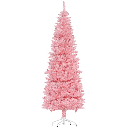 HOMCOM  7Ft Tall Pencil Christmas Tree, Artificial Xmas Tree With 687 Branch Tips And Steel Base, Holiday Décor for Home Office In Pink