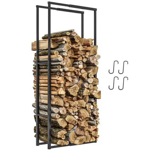 Outsunny Outdoor Firewood Rack, Adjustable Heavy-Duty Firewood Storage Rack, Steel Log Holder with Hooks for Outdoor Indoor Wood Pile Storage, 25.6"