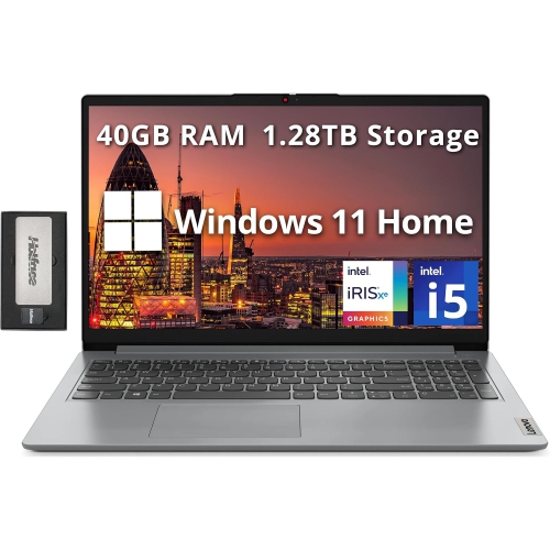 Lenovo IdeaPad 1i 15.6" FHD Business Laptop, Intel i5-1235U, 1.28TB Storage, 40GB RAM, Intel Iris Xe Graphics, Numeric Keypad, Win 11 Home, Gray