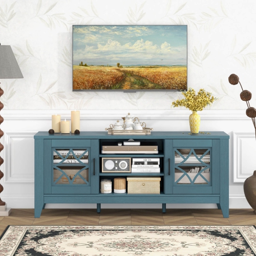 Meuble de Costway pour téléviseur de 65 po ou moins avec tablettes réglables à 3 positions et portes en verre trempé