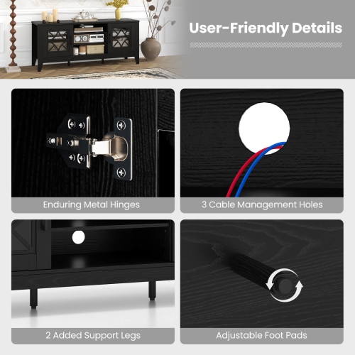 Meuble de Costway pour téléviseur de 65 po ou moins avec tablettes réglables à 3 positions et portes en verre trempé