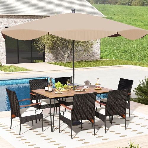 COSTWAY  7 PCs Patio Dining Set With Acacia Wood Dining Table Rattan Armchairs Soft Cushions