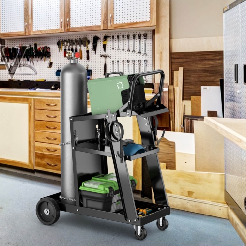 Chariot de soudage à 3 niveaux avec table inclinable et 4 chaînes anti-basculement de rangement de réservoir de Costway