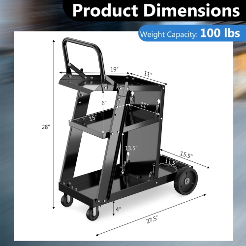 Chariot de soudage à 3 niveaux avec table inclinable et 4 chaînes anti-basculement de rangement de réservoir de Costway