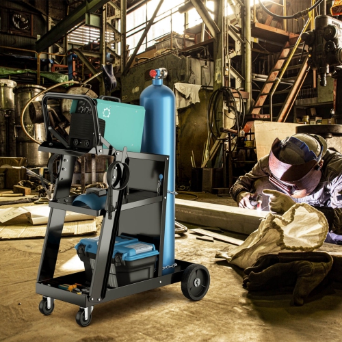 Chariot de soudage à 3 niveaux avec table inclinable et 4 chaînes anti-basculement de rangement de réservoir de Costway