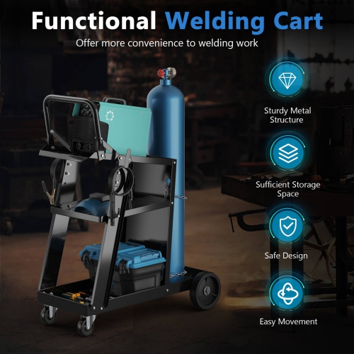 Chariot de soudage à 3 niveaux avec table inclinable et 4 chaînes anti-basculement de rangement de réservoir de Costway