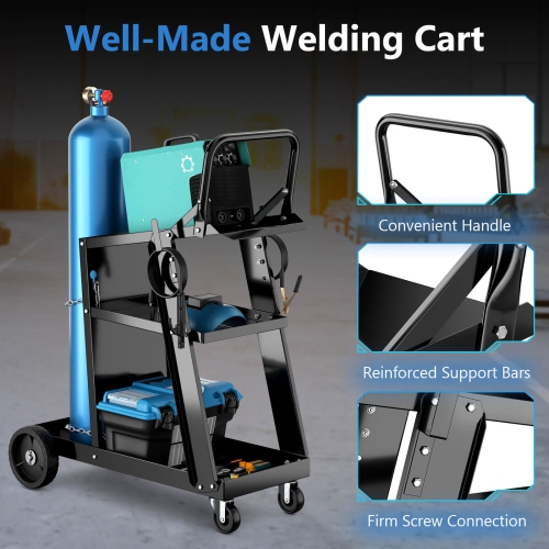 Chariot de soudage à 3 niveaux avec table inclinable et 4 chaînes anti-basculement de rangement de réservoir de Costway