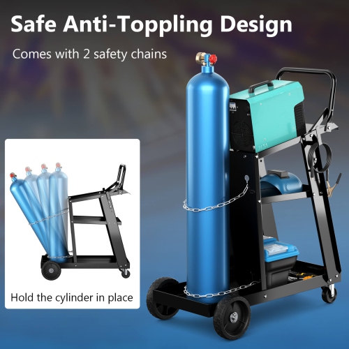 Chariot de soudage à 3 niveaux avec table inclinable et 4 chaînes anti-basculement de rangement de réservoir de Costway