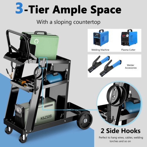 Chariot de soudage à 3 niveaux avec table inclinable et 4 chaînes anti-basculement de rangement de réservoir de Costway