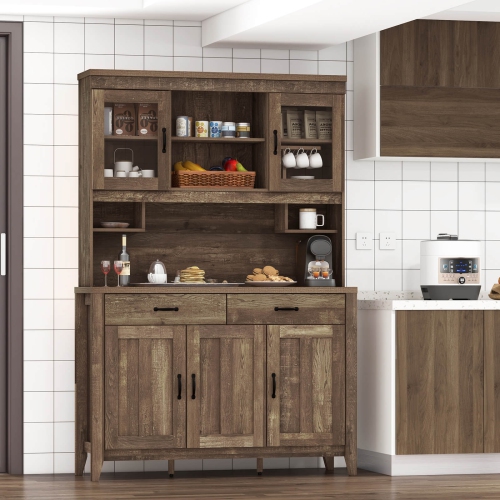 Costway Kitchen Pantry Cabinet with Microwave Countertop Double Glass Doors 2 Drawers