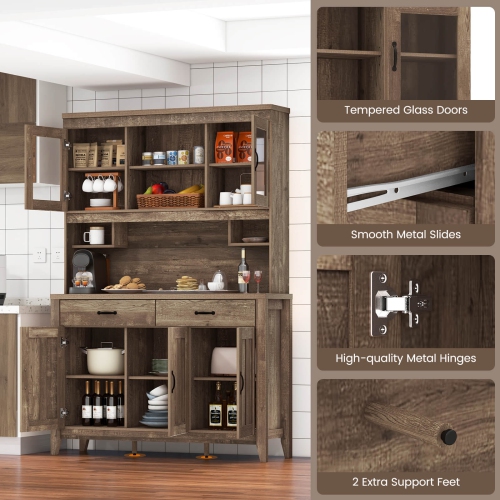 Costway Kitchen Pantry Cabinet with Microwave Countertop Double Glass Doors 2 Drawers
