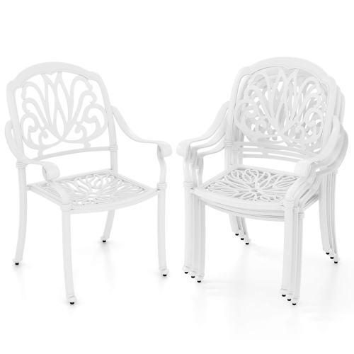 COSTWAY  4 PCs Patio Cast Aluminum Dining Chairs Armrests Outdoor Stackable White