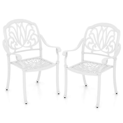 COSTWAY  2 PCs Patio Cast Aluminum Dining Chairs Armrests Outdoor Stackable White