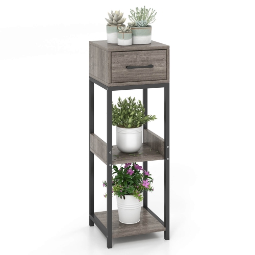 COSTWAY  1 Pack 3 Tier Indoor Tall Plant Stand With Drawer Anti-Tipping Devices Display Shelf