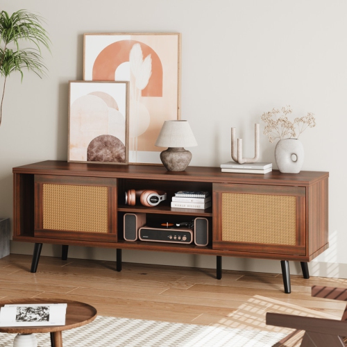 Bestier Mid-century Modern Tv Stand For 70" Tv ,media Console With Natural Rattan Sliding Door