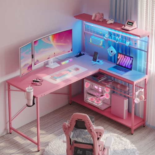 Bureau d'ordinateur en L Bestier avec tablettes, bureau de jeu DEL pour 2&nbsp;personnes avec éclairage DEL