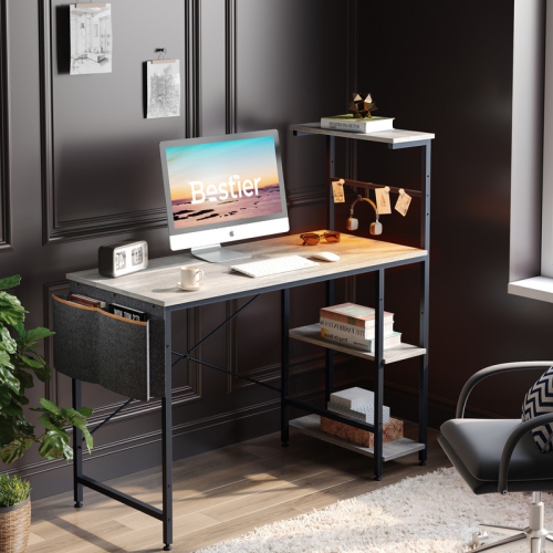 Bestier Computer Desk with 4 Tiers Shelves, LED, 44" Office Desk with Storage Bag & Printer Shelf