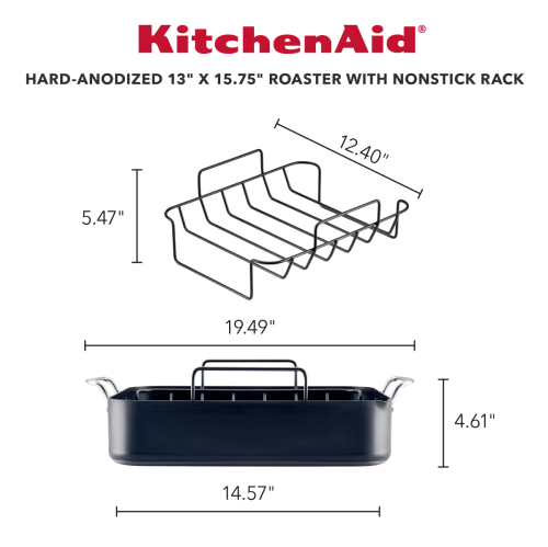 Rôtissoire anodisée dure KitchenAid avec grille antiadhésive amovible, 13 x 15,75 po, noir mat