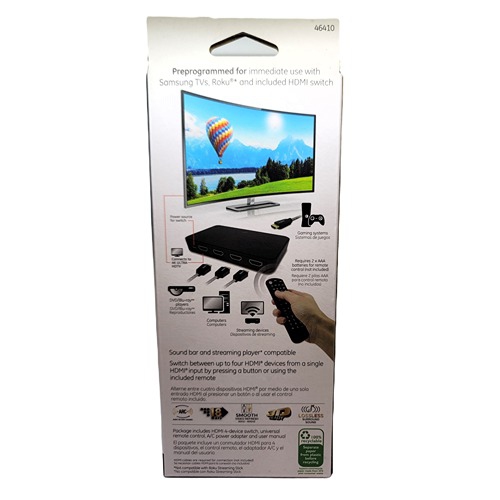 GE 46410 HDMI 4-Device Switch + Universal Remote Control